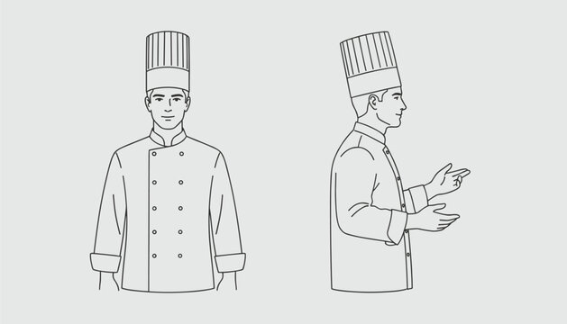 Male chef in a traditional white uniform and tall hat is shown from both front and side views in a clean black and white line drawing.