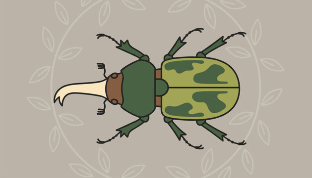 Detailed vector illustration of a green rhinoceros beetle with a prominent horn placed on a circular leafy backdrop.