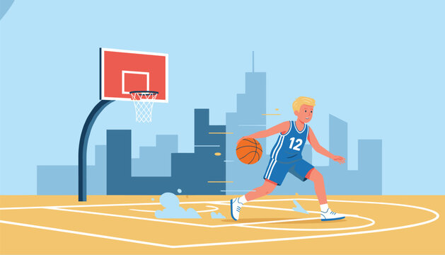 Young basketball player in a blue uniform dribbling a ball on an outdoor court with a city skyline in the background.