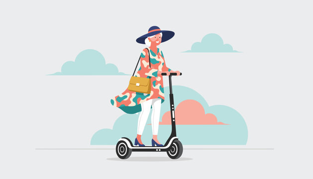 Trendy senior woman with a wide-brimmed hat and colorful dress riding a black electric scooter against a soft sky.