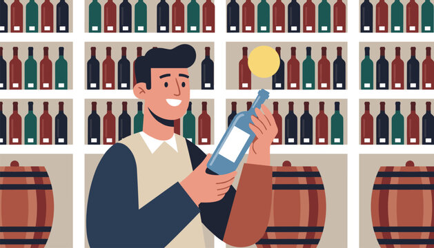 Proud male sommelier holding a bottle of red wine in front of neat rows of wine bottles on shelves in a cellar.