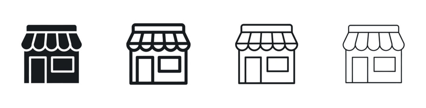 Storefront facade pictogram set displays four variations of shop fronts shopfront