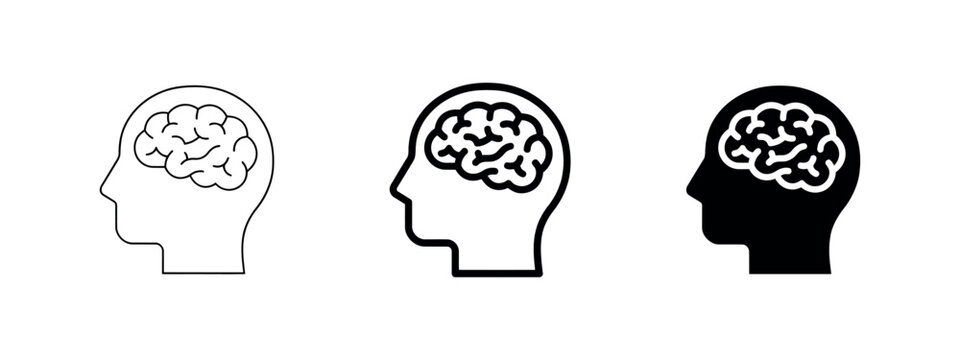 Human head profile containing brain icons illustration in varying line styles anatomy