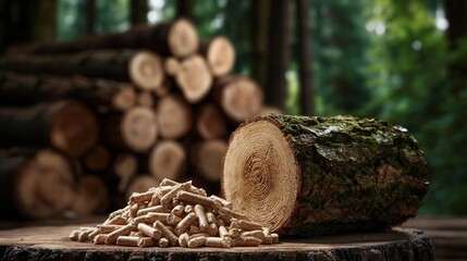 Obraz premium Wood pellets on forest stump beside stacked logs in soft morning light, showing renewable fuel, sustainable heating, natural texture, rustic woodland setting, and warm earthy colors