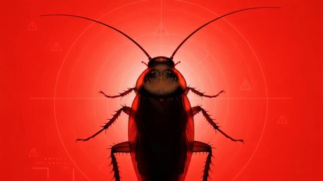 Cockroach detection and pest control concept for extermination service. Insect parasite with antennae on red backdrop with warning signs.