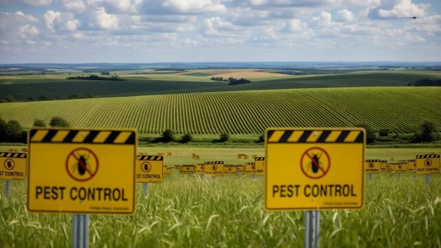 Yellow pest control signs in a large rural field. Agricultural land protection from parasites and insects. Crop farming and yield preservation.