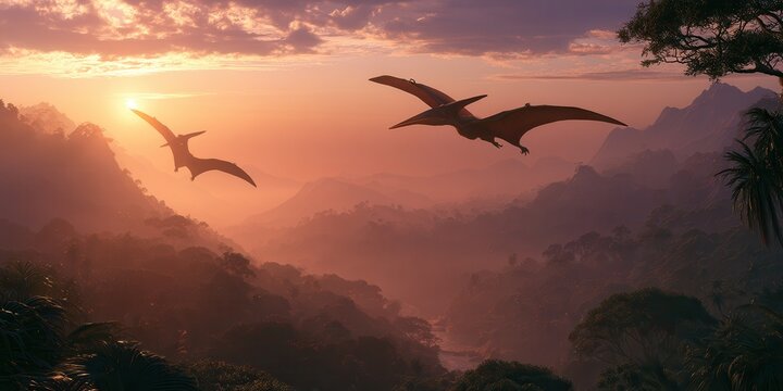 Two pterodactyls gliding over misty prehistoric rainforest at sunrise, warm backlight, layered mountain silhouettes, broad wings, atmospheric sky, dramatic natural scene