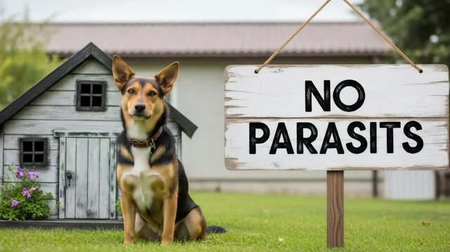 German shepherd dog walking and sniffing on grass near a no parasites sign and dog house, showing pest prevention for pets.