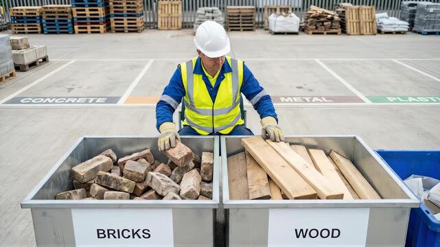Worker organizing construction waste into designated bins. Man sorting bricks and wood at recycling facility. Industrial waste management and ecology concept.