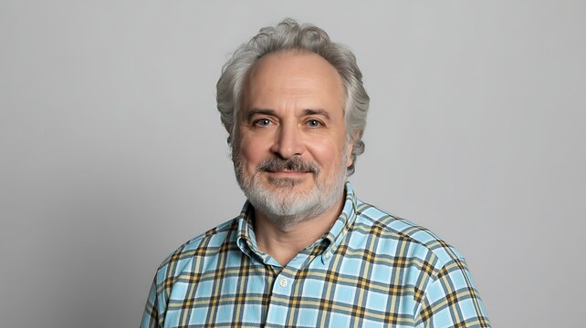 Man smiling while wearing plaid shirt against neutral gray studio background.