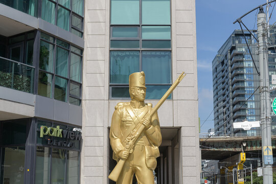 close-up detail of "Monument to the War of 1812" by Douglas Coupland in front of Malibu Harbourfront, a condominium complex, located at 600 Fleet St, northwest corner of Bathurst St, Toronto