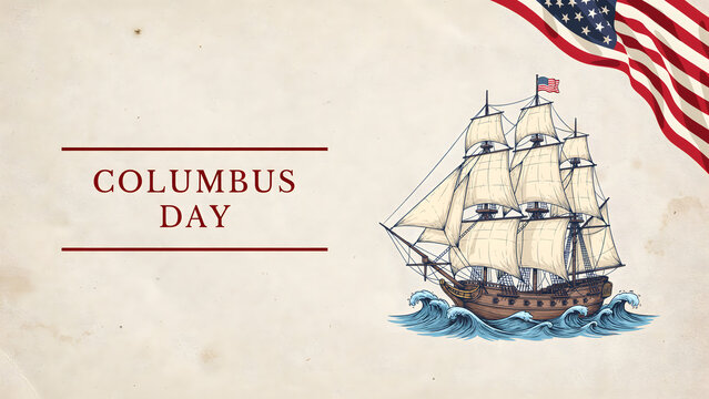 Vintage style columbus day featuring a detailed sailing ship on ocean waves with an american flag against a textured paper background