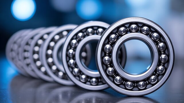 Close up view of shiny metallic ball bearings arranged in a row on a reflective surface with soft blue bokeh lighting in the background