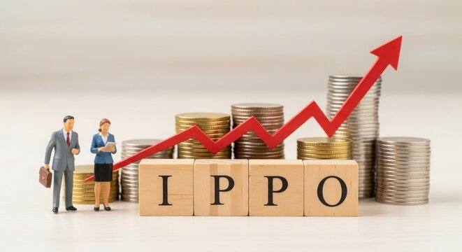 Business people with IPPO wooden blocks and growing arrow illustration