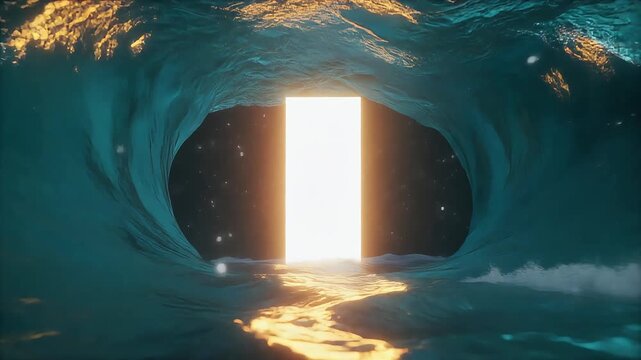 Surreal glowing doorway standing inside a giant ocean wave