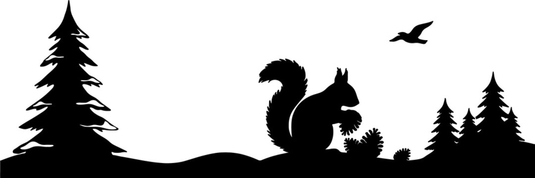 Squirrel silhouette eating pine cone in winter forest landscape with flying bird vector illustration
