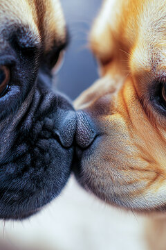 A close-up shot of two dogs' faces, their noses touching in a friendly gesture. vertical frame