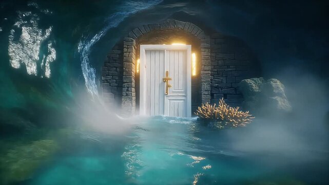Surreal white door opening into an underwater stone grotto