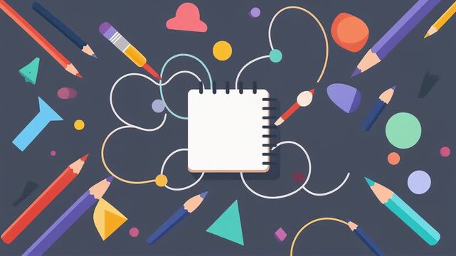 Minimalist notebook illustration on dark blue background with school supplies