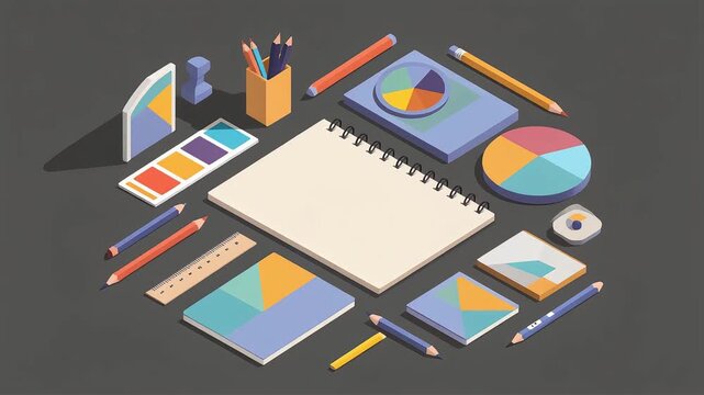 Minimalist isometric notebook with scattered items