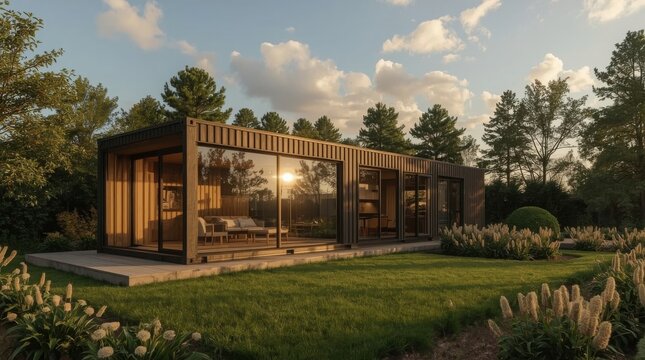 Modern container house with large glass windows stands on a green lawn surrounded by pine trees at sunset.