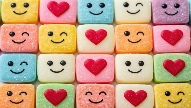 A collection of colorful square gummy candies decorated with smiling faces and red hearts