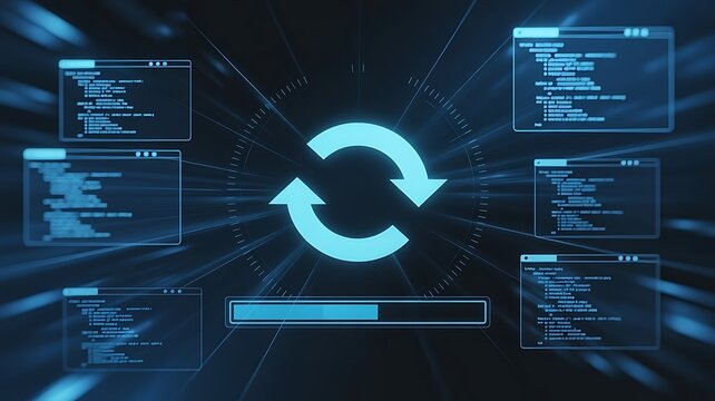 Futuristic software update interface with circular refresh and loading bar surrounded by code windows on dark blue digital background display