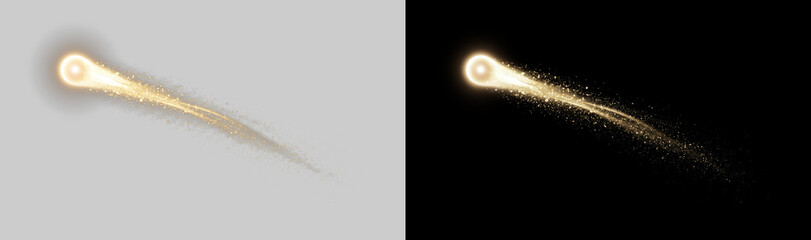 Glowing gold comet streak, sparkling light trail with a bright round head tapering into a fine golden tail, shooting star swoosh effect, isolated on transparent background, PNG overlay © Pixora