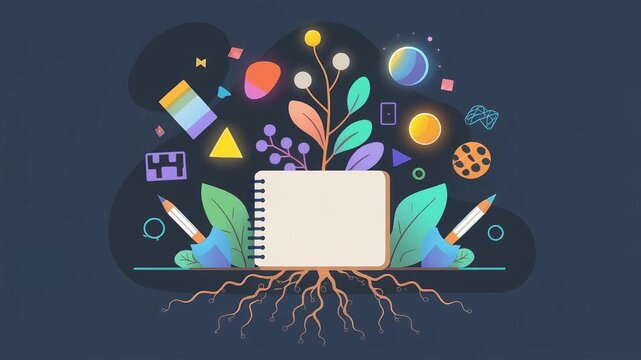 Creative notebook with pencil plant roots animation