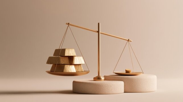 Scale tipped by gold bars vs one coin, a minimal conceptual image