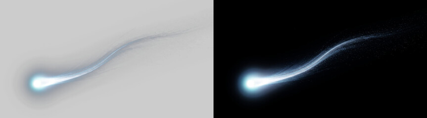 Glowing white blue comet streak, sparkling light trail with a bright rounded head curving into a soft tapering tail, shooting star swoosh effect, isolated on transparent background, PNG overlay © Pixora