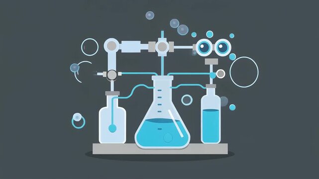 Minimalist animation of a glass flask filled with blue liquid