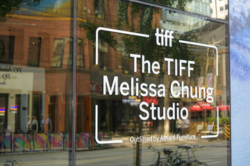 Obraz premium vinyl window sign of The TIFF Melissa Chung Studio, exterior of TIFF Lightbox, a movie theatre, located at 350 King St W, Floor 1 of the Festival Tower, Toronto