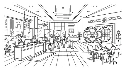 Fototapeta premium Elegant Black and White Line Drawing of a Modern Bank Lobby with Teller Counters Vault Doors and Professional Staff