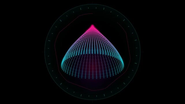 Premium abstract digital cone shape constructed from glowing blue and pink data points particle technology network geometric visualization particle technology network geometric visualization