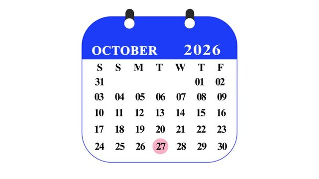 Blue october 2026 calendar with days and dates