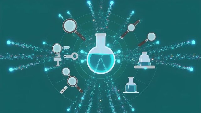 Scientific research animation with laboratory glassware and magnifying glasses