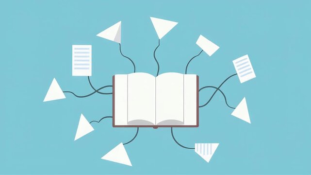 Minimalist animated open book on blue background