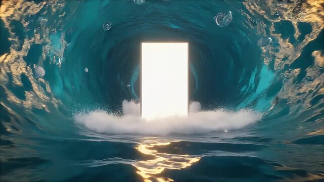A glowing white doorway standing in the center of a swirling ocean vortex
