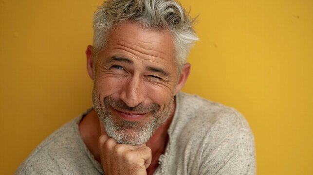 Closeup portrait of mature man with salt and pepper hair, textured beard, and confident wink against warm yellow background with clean studio lighting, with portrait, closeup, man, mature detail