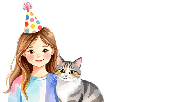 Girl with birthday hat and cat in a watercolor style on a white background  