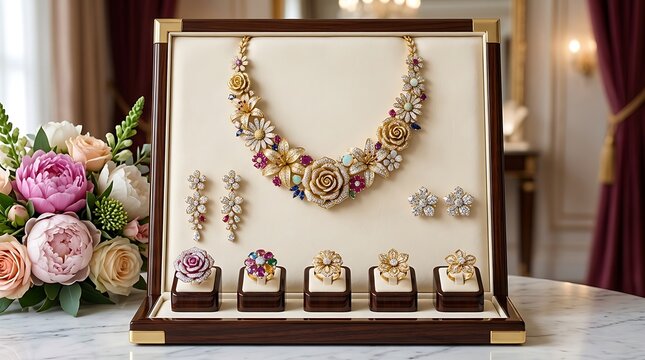 Detailed close-up of a luxury jewelry display featuring an ornate floral gold necklace with multi-colored gemstones, accompanying rings and earrings, set against a neutral backdrop