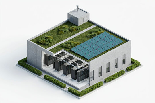 Isometric 3D cutaway of a green data centre building with rows of servers rooftop solar and planted terrace