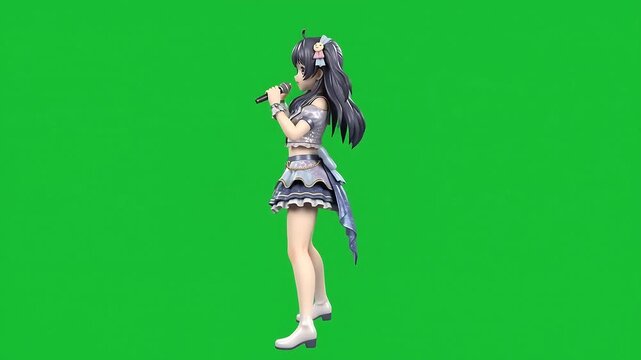 Anime Idol Singer Collectible Figure with Microphone, 3D Blender Character Rotating on Green Screen