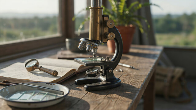 Antique brass microscope and magnifying glass on a wooden table outdoors keywords: microscope
