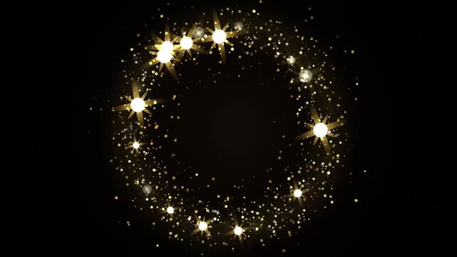 Golden glitter sparkles circle frame on black background