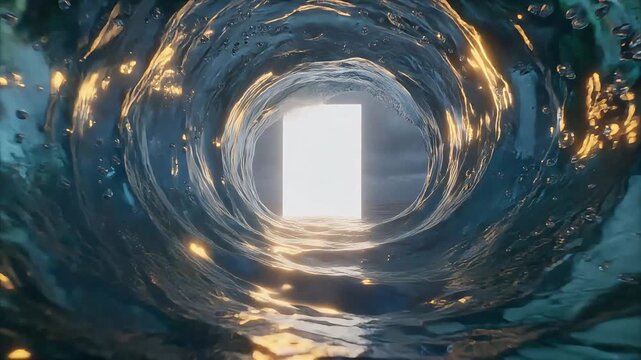 Abstract CGI animation of a glowing white portal inside a breaking ocean wave