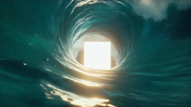 Surreal glowing doorway inside a powerful ocean wave
