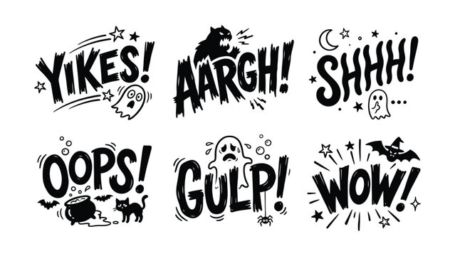 Set of hand drawn halloween comic style interjections and sound effects with black and white