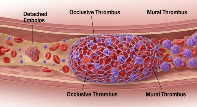 Medical illustration of blood vessel thrombus and embolus formation illustration